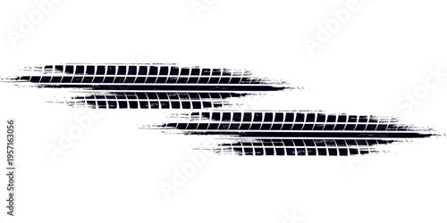 Grunge tire track, wheel braking marks. Truck, car or motorcycle tread pattern silhouette. Auto race, motorsport, speed racing design element. Vector illustration