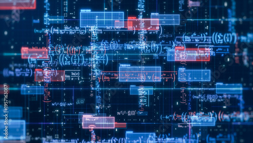 Complex futuristic network with math expressions and equations, concept of ai assistant, machine learning, neural network, science and technology (3d render)