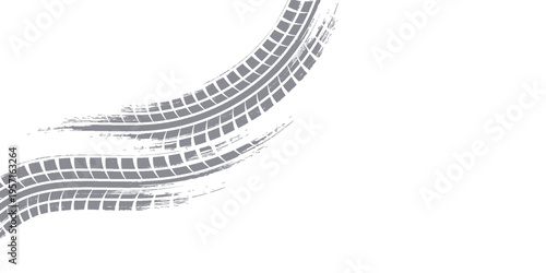 Grunge tire track, wheel braking marks. Truck, car or motorcycle tread pattern silhouette.