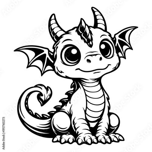 Adorable Baby Dragon Character Sitting, Cute Mythical Creature With Big Eyes And Small Wings, Fantasy Beast Silhouette, Friendly Dragon Illustration