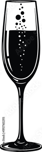 Silhouette of a champagne flute glass with rising carbonated bubbles vector illustration