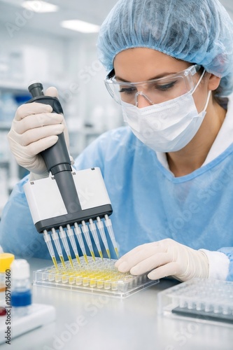 Scientist in protective personal equipment using a multi channel pipette for transferring liquid samples into a microplate during a biotechnology research experiment in a cleanroom