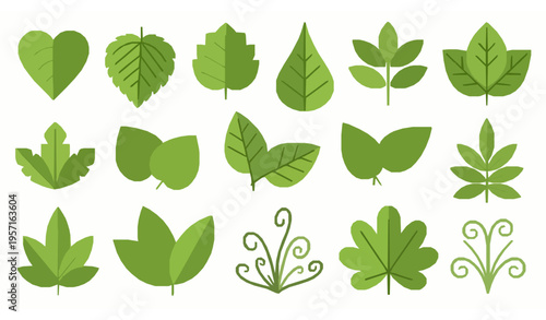 Flat green leaf vector set with eco-friendly and natural design icons isolated on white
