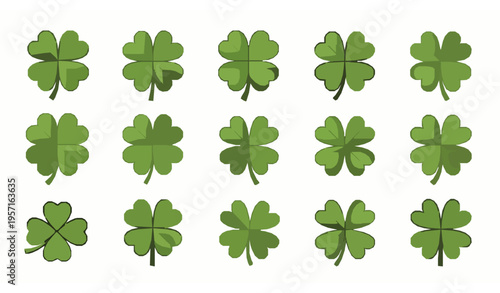 Four-leaf green clover vector icon set in flat style for lucky symbols and St. Patrick’s Day illustration isolated on white