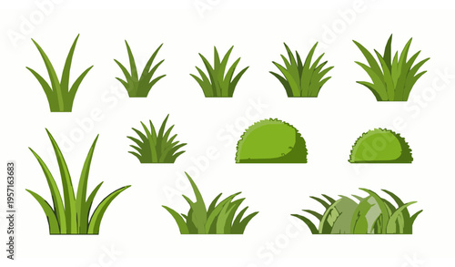 Flat style grass vector set with isolated blades and tufts for nature, garden, and landscape illustrations