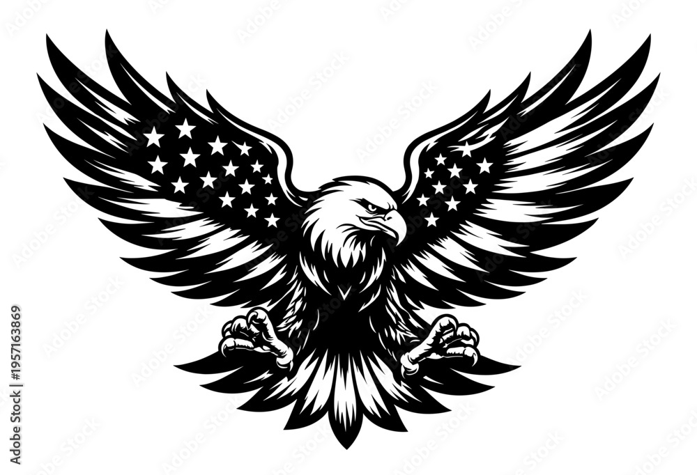 Obraz premium Majestic Bald Eagle Silhouette With American Flag Wings, Patriotic USA National Bird Illustration For Independence Day Graphics