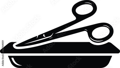 Silhouette of medical scissors resting on a surgical metal tray vector illustration
