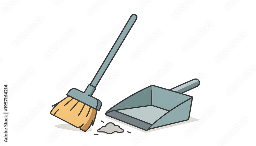 Fototapeta premium Broom sweeping a pile of dirt and dust into a dustpan, home cleaning scene illustrating household chore, tidy floor, hygiene and routine upkeep with basic cleaning tools