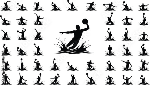 Large collection of black silhouettes featuring water polo players swimming and throwing balls with water splashes isolated on white background for sports design.