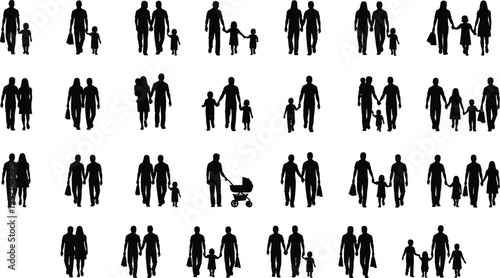Large collection of black silhouettes featuring families walking together with children, couples holding hands, and parents with strollers isolated on white background.