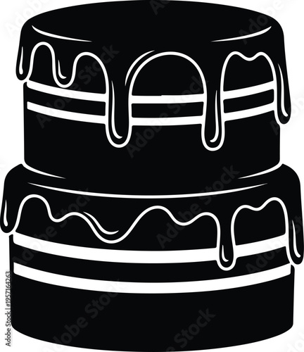 Silhouette tiered birthday cake with dripping chocolate glaze isolated vector illustration