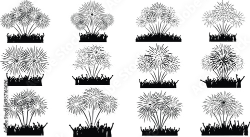 Fireworks celebration silhouettes with cheering crowd watching festival fireworks display vector illustration set for holiday event party design