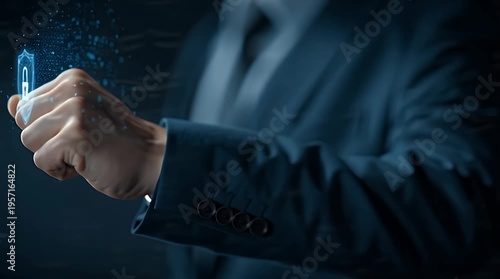 Businessman in suit touching digital lock with futuristic interface