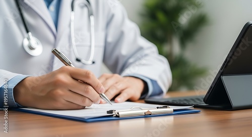 Doctor reviewing medical records on laptop in bright office setting