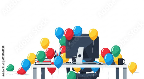 Colorful balloons around office desk with computer and stationery, April Fool's Day 