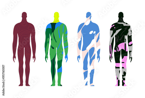 Abstract characters set. Human silhouettes, figures with colored doodle patterns, feelings, emotions. Identity, personality, psychology concept. Flat vector illustration isolated on white background.