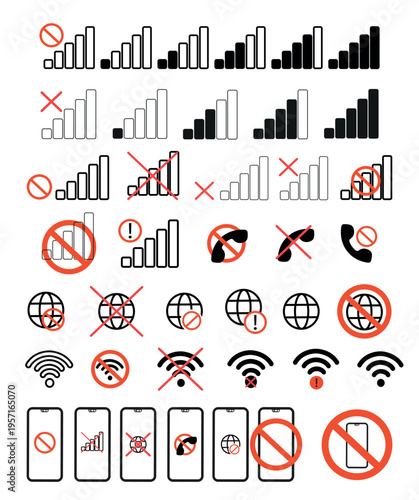 Large collection of linear flat icons representing no connection and no internet concepts, including smartphone, Wi-Fi, globe, and mobile network symbols.  