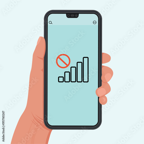 Hand holding a smartphone displaying a no connection icon on the screen, symbolizing network issues, offline mode, or internet outage.  