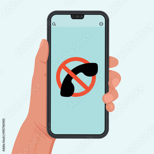 Hand holding a smartphone displaying a no connection icon on the screen, symbolizing network issues, offline mode, or internet outage.  