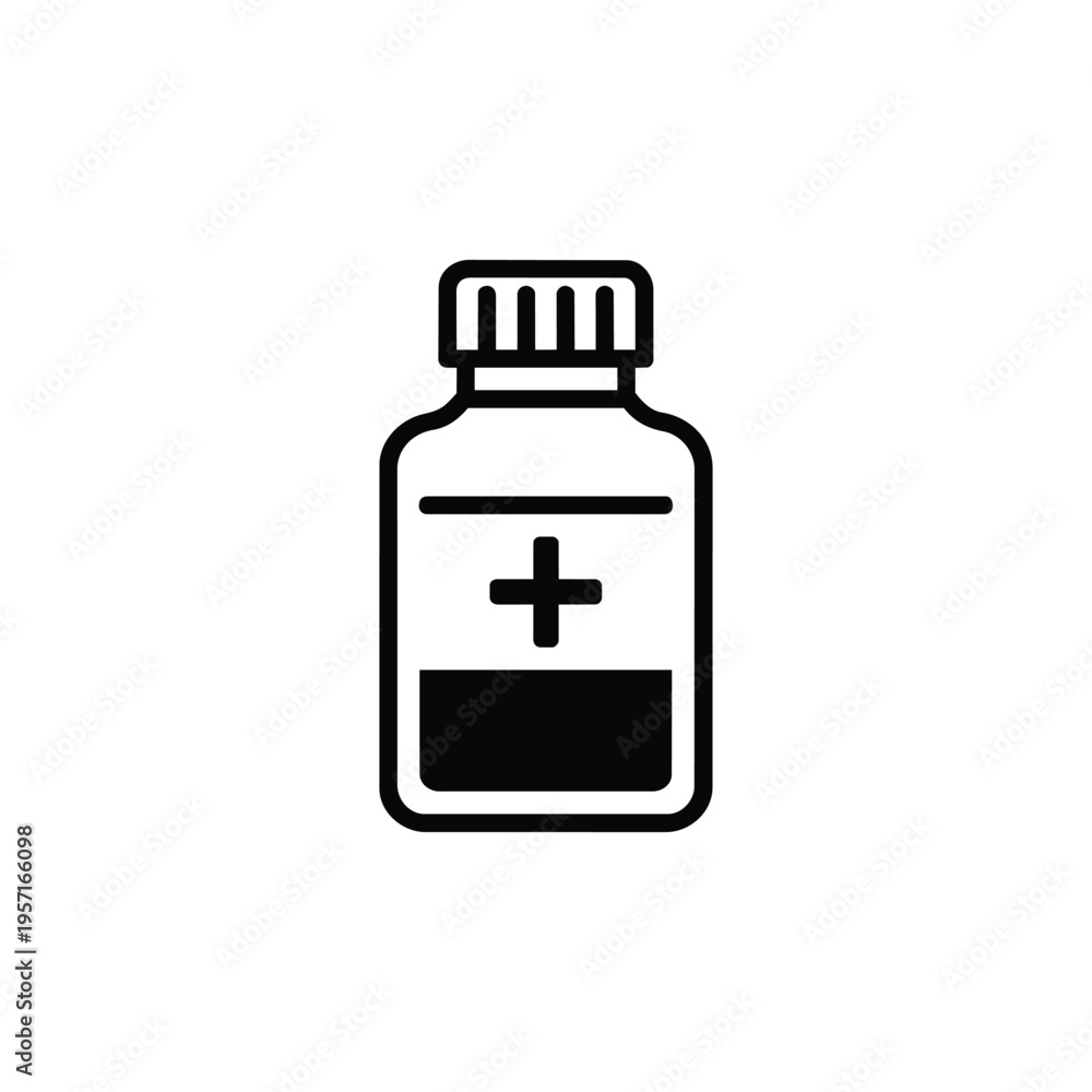 Fototapeta premium Medicine bottle icon for healthcare and medical services, medicine bottle medical container symbol in black and white vector