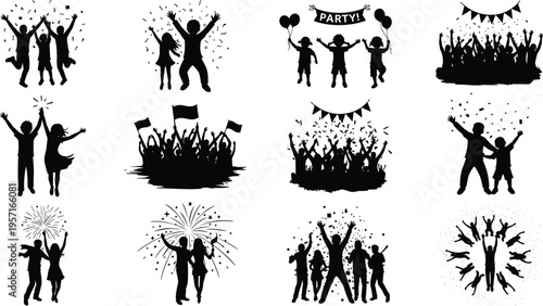 Party celebration silhouettes set with cheering crowd, dancing people, balloons, confetti and fireworks, festive event gathering icons collection isolated on white background