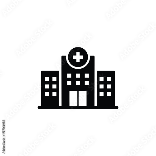 Hospital building icon for healthcare and medical services, hospital building medical center symbol in black and white vector