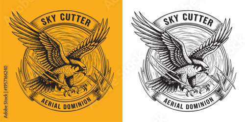 Sky Cutter Aerial Dominion Falcon, Mechanical Blade Wing Bird of Prey, Hunter Eagle Mascot Illustration