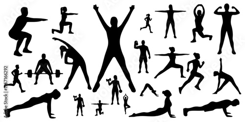 Fitness and gym exercises silhouettes set. People working out, doing yoga, weightlifting, and cardio activities isolated