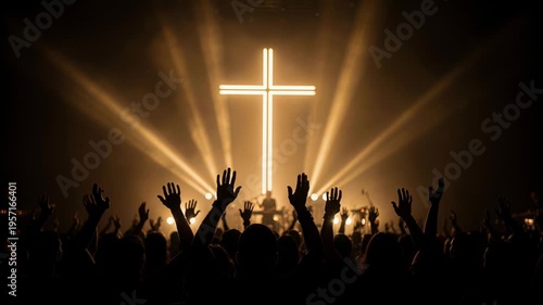 Energetic group engaged in vibrant religious worship under radiant beams