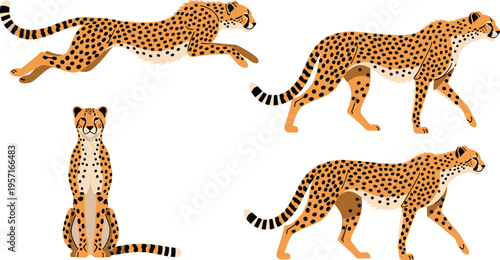 Stylized illustration of cheetahs in different poses including leaping, walking, and sitting, highlighting speed, grace, and wildlife behavior for creative stock and design purposes.