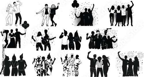 People party silhouettes collection with dancing friends balloons music and celebration scenes vector illustration set for festival event design