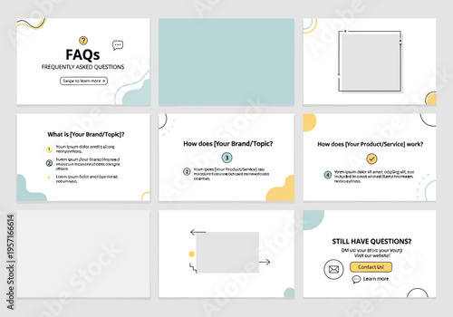 The infographic template features eight slides with FAQs and branding topics on a white background with colorful accents.