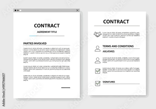 Two contract documents with terms and conditions are displayed side by side on a screen