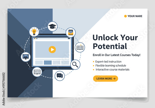 Online courses displayed on a computer screen with icons and a call to action button