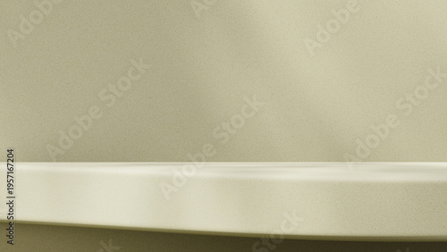 Smooth beige product platform edge with soft light shadow designed for cosmetic product mockup and skincare branding. Clean minimal studio setup with empty display surface. 3D render.
