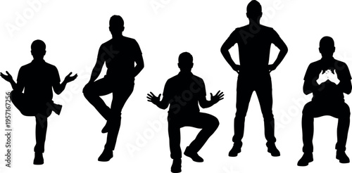 Collection of male silhouettes in different poses including standing, sitting and meditation gestures, black human figure set isolated on light background, body language concept illustration