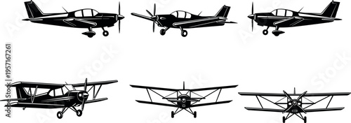 Collection of small propeller airplane silhouettes in multiple angles and views, vintage and modern aircraft set isolated on light background, aviation transport illustration concept