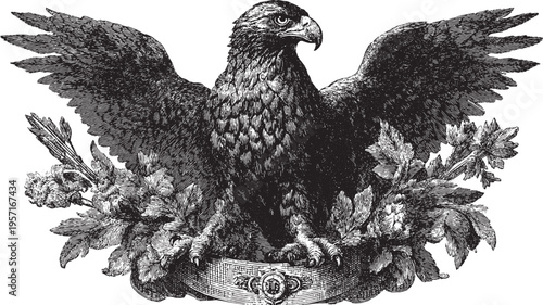 A vector illustration featuring a majestic American eagle, with a classic currency design aesthetic.