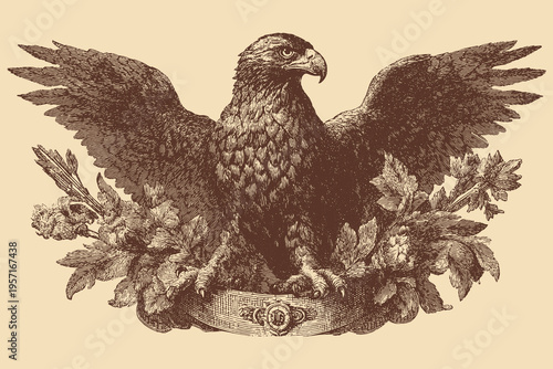 A vector illustration featuring a majestic American eagle, with a classic currency design aesthetic.