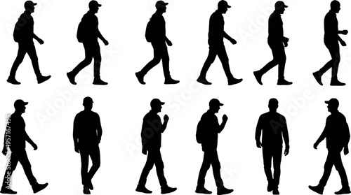 Collection of walking man silhouettes in various poses with backpack and casual outfit, urban lifestyle people set, black human figure vector isolated background