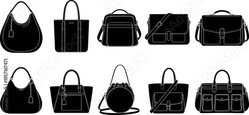 Collection of stylish handbag silhouettes including tote shoulder crossbody and satchel bags, fashion accessory vector set isolated on light background for retail design