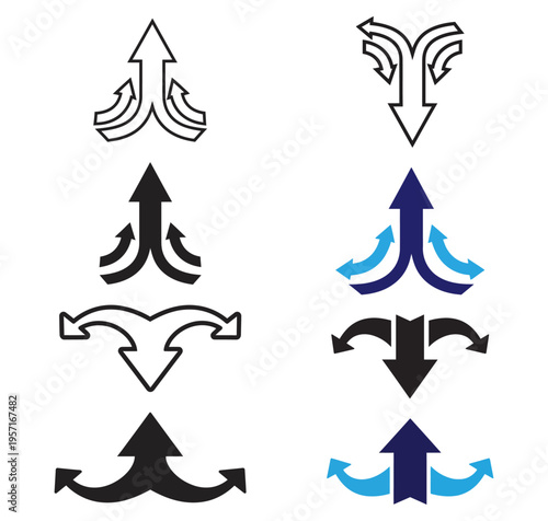 Stylized arrow designs in black, white, and blue, symbolizing direction, choice, convergence, and divergence with varied graphic styles.