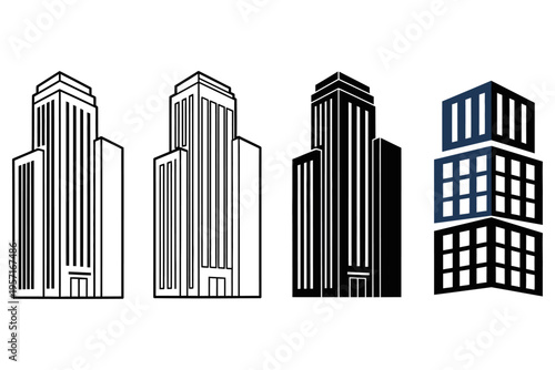 Stylized skyscraper illustrations in varied shading and design, showcasing architectural diversity from classic towers to modern cubic structures.