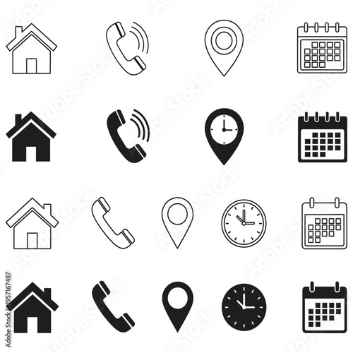 Grid of universal interface icons—home, phone, location, clock, and calendar—shown in outlined and solid styles, highlighting design diversity.