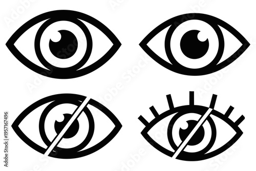 Stylized eye icons representing visibility states—open, hidden, and with eyelashes—commonly used in digital interfaces to show or hide content.
