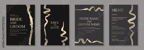 Metallic paint brush strokes on black background. Modern grunge luxury wedding invitation design or card templates for business or poster or greeting