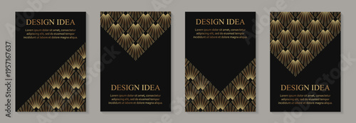 Modern geometric luxury black backgrounds for business or greeting cards with golden rhombuses in art deco style