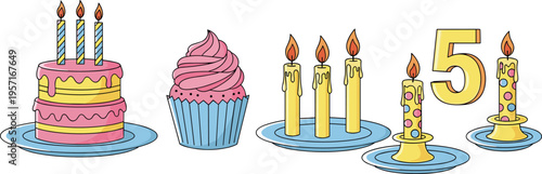 Colorful birthday celebration vector set featuring frosted cake, cupcake dessert, burning candles and number five anniversary symbol isolated on light background for festive design