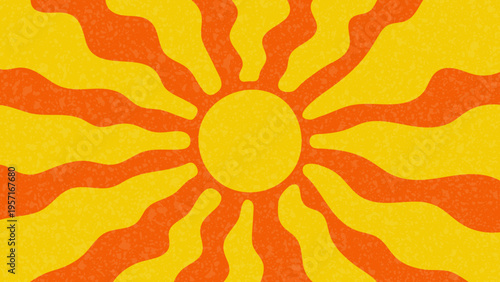 Groovy retro sun background with wavy rays and grain texture. Summer abstract yellow orange poster design for banner, cover and branding