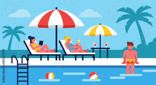 People relaxing by the pool on a sunny day.